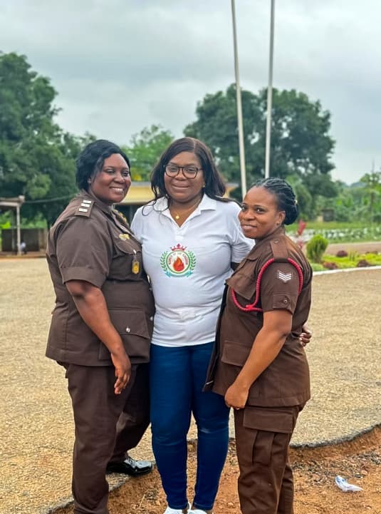 Mrs. Hannah Brock with two female prison officers during the Nsawam prison outreach